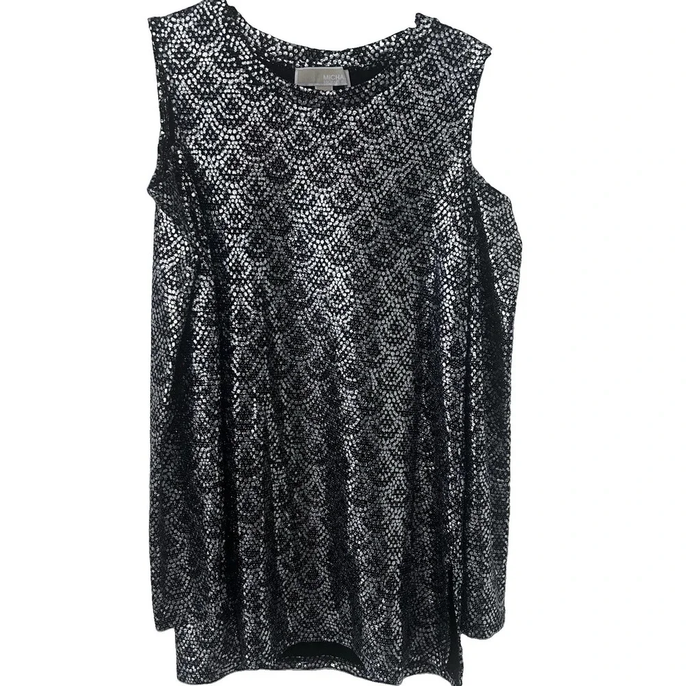 Michael Kors Cold Shoulder Black Silver Metallic Textured Scalloped Blouse M